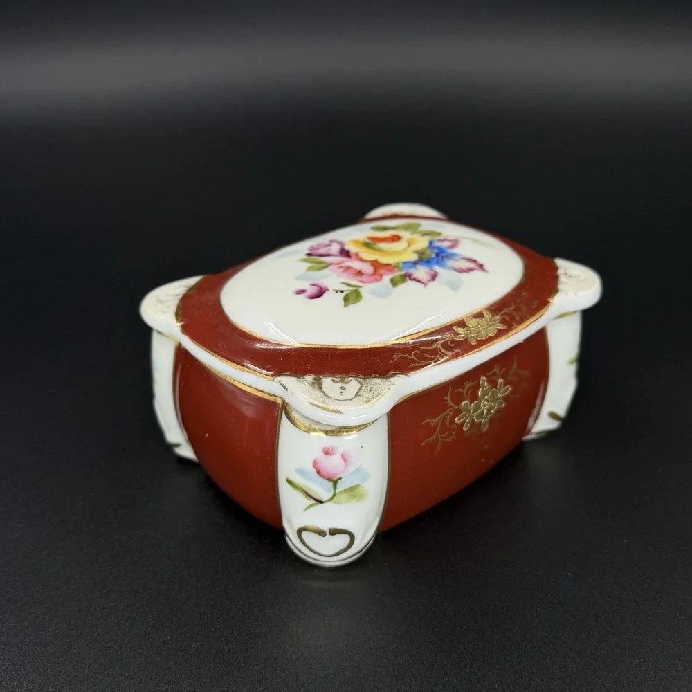 Vintage Occupied Japan Hand Painted Trinket Box Red Gold Floral